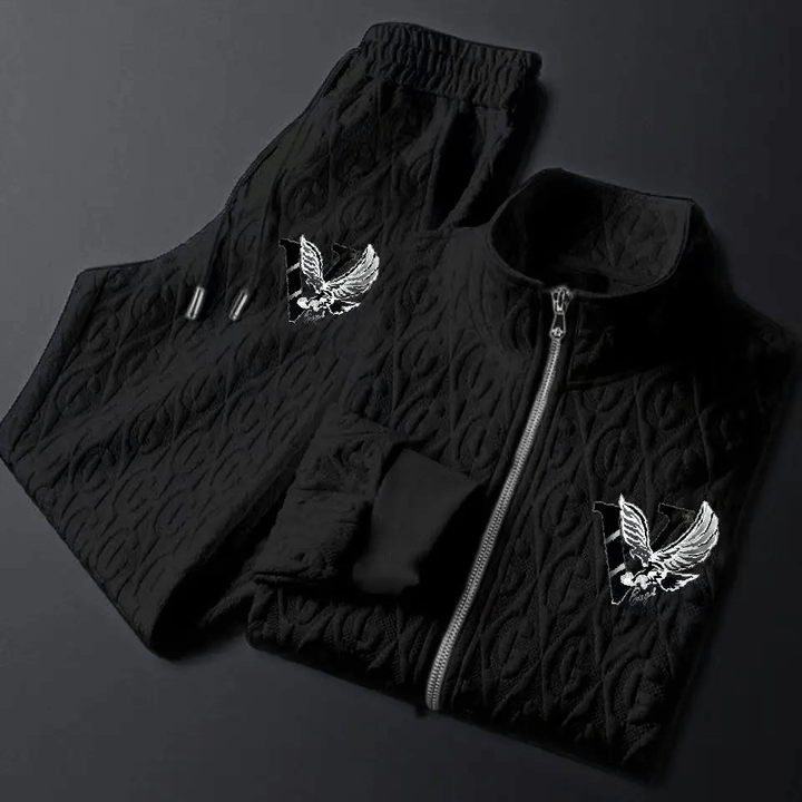Stylish men's cable-knit full-zip jacket and matching tracksuit pants, ideal for activewear or fall casual style.