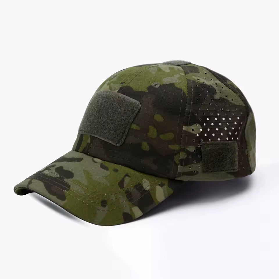 Front view of a men's adjustable camouflage baseball cap. Essential everyday hat for rugged style and outdoor use.