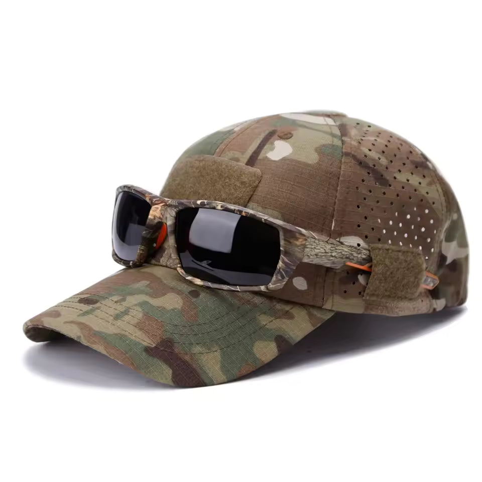 Side view of an adjustable men's camouflage baseball cap, offering comfortable everyday wear for outdoor activities.