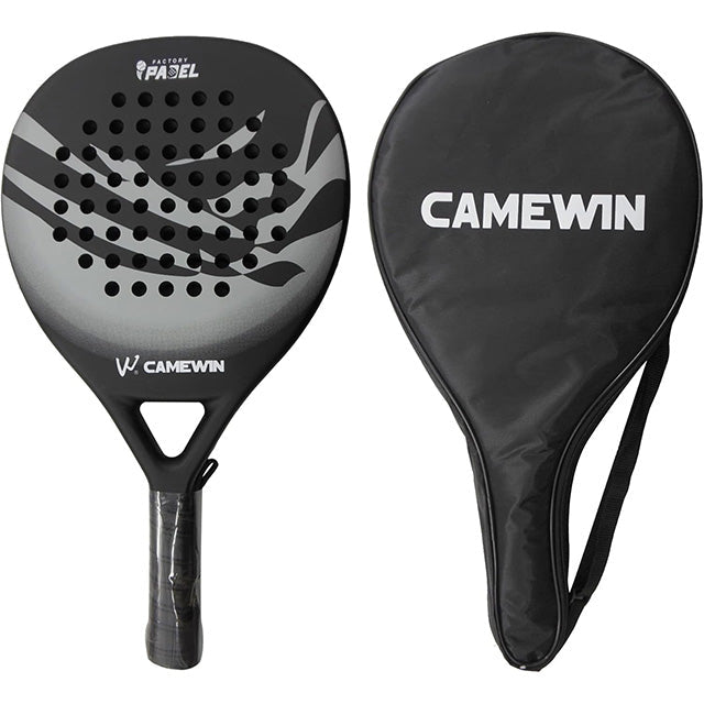 Men's carbon fiber paddle tennis racket for enhanced performance & control. Includes grip & carry bag.