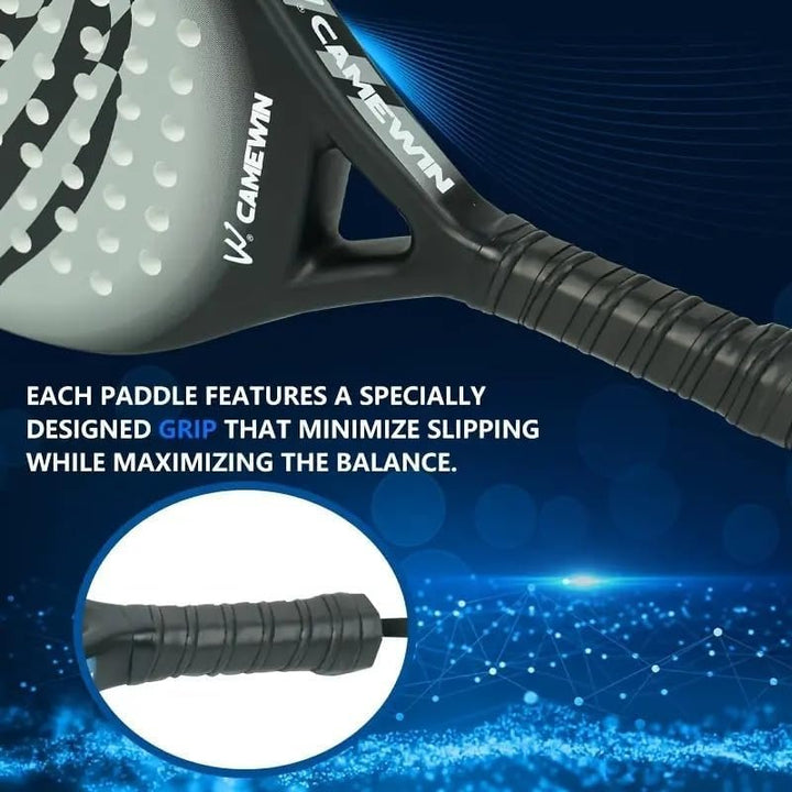 Lightweight carbon fiber men's paddle tennis racket. Optimized for power, control, and long-lasting durability.