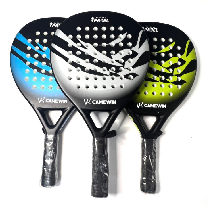 Premium men's carbon fiber paddle tennis racket with precision control, comfortable grip, and carrying bag.