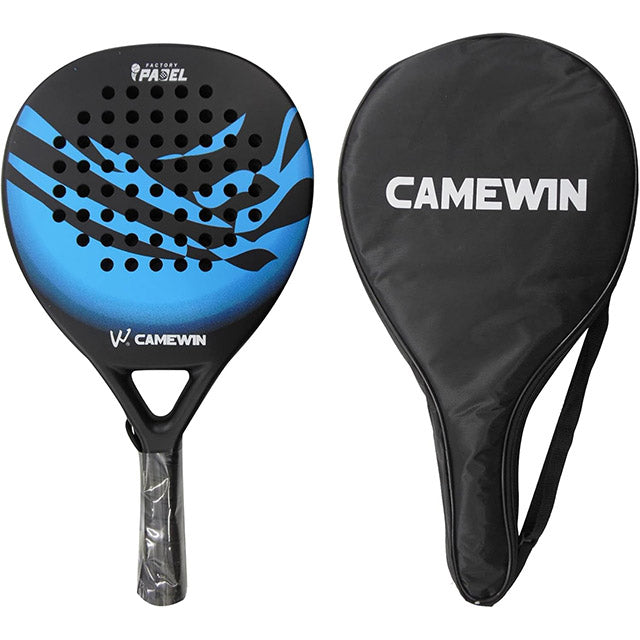 Stylish men's carbon fiber paddle tennis racket featuring a firm grip & handy bag for sports enthusiasts.