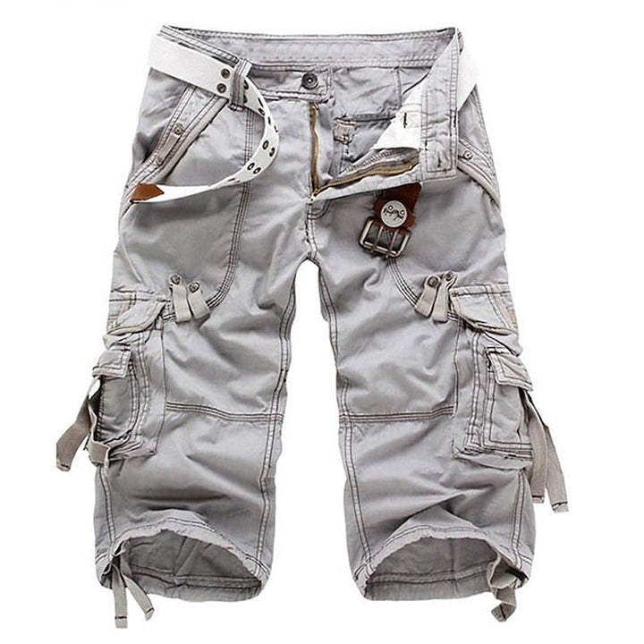 Comfortable men's utility cargo shorts featuring multi-zip pockets, perfect for outdoor activities & casual summer fashion.