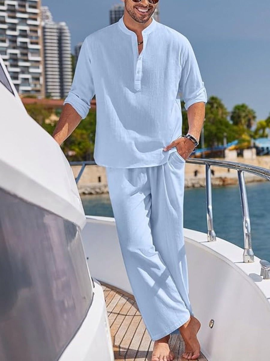 Men's casual 2-piece summer outfit: a relaxed short sleeve shirt & matching shorts set, perfect for warm weather comfort.