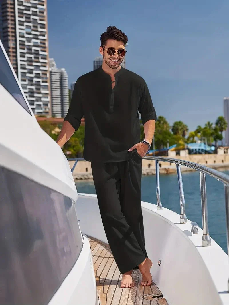 Stylish men's matching two-piece summer set: a comfortable short sleeve shirt and casual shorts for everyday wear.