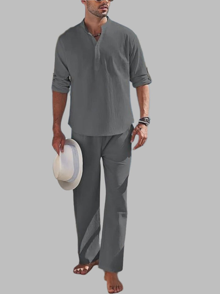 New men's relaxed fit 2-piece summer outfit featuring a stylish short sleeve shirt and matching casual shorts.