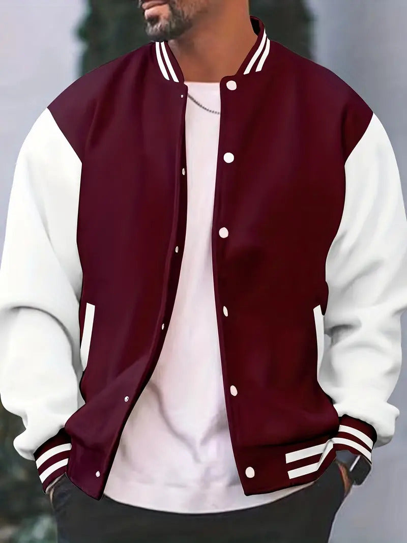Classic men's snap-button baseball jacket. Lightweight & stylish fall fashion outerwear.