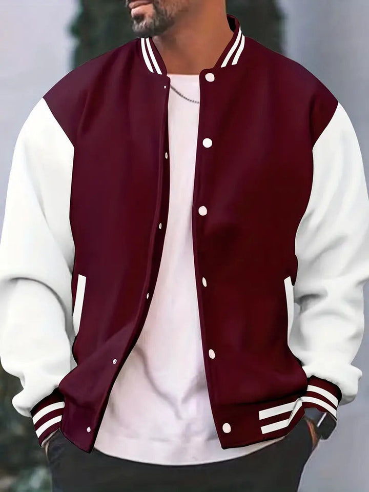 Classic men's snap-button baseball jacket. Lightweight & stylish fall fashion outerwear.