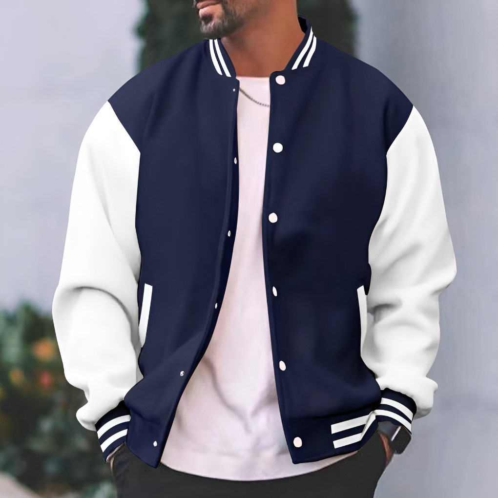 Men's autumn baseball jacket. Classic casual style, lightweight outerwear for fall fashion.