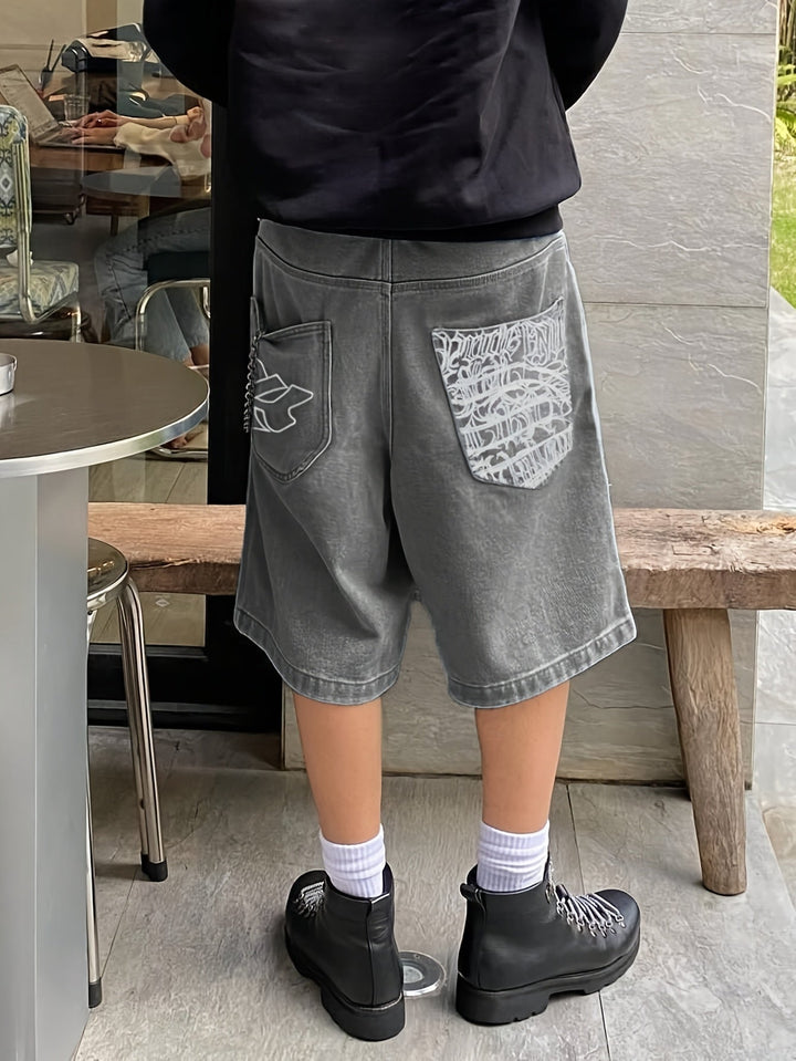 Men's casual Bermuda denim shorts with vibrant floral embroidery
