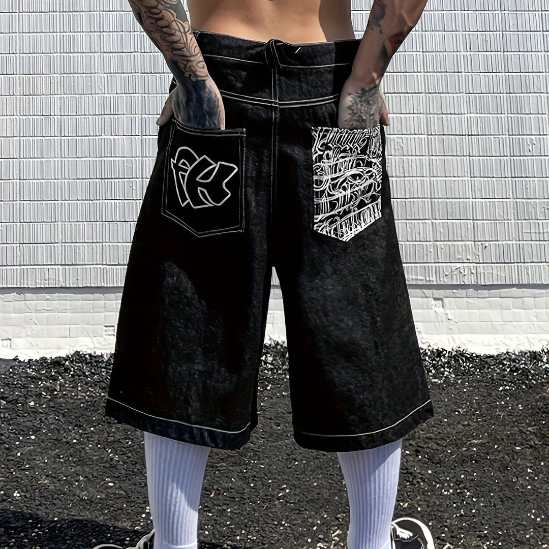 Embroidered floral design on men's knee-length denim shorts