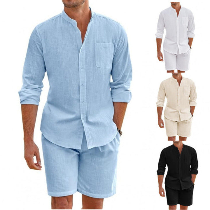 Men's casual blue summer shirt & shorts set for effortless style, perfect for beachwear & vacation.