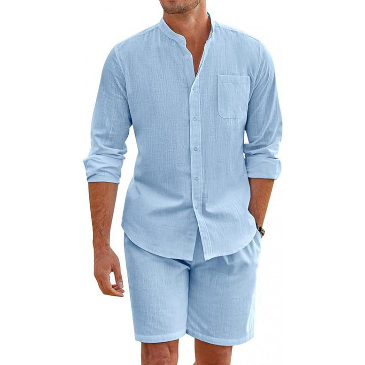 Comfortable men's short-sleeve shirt and matching shorts for a relaxed warm weather casual summer outfit.