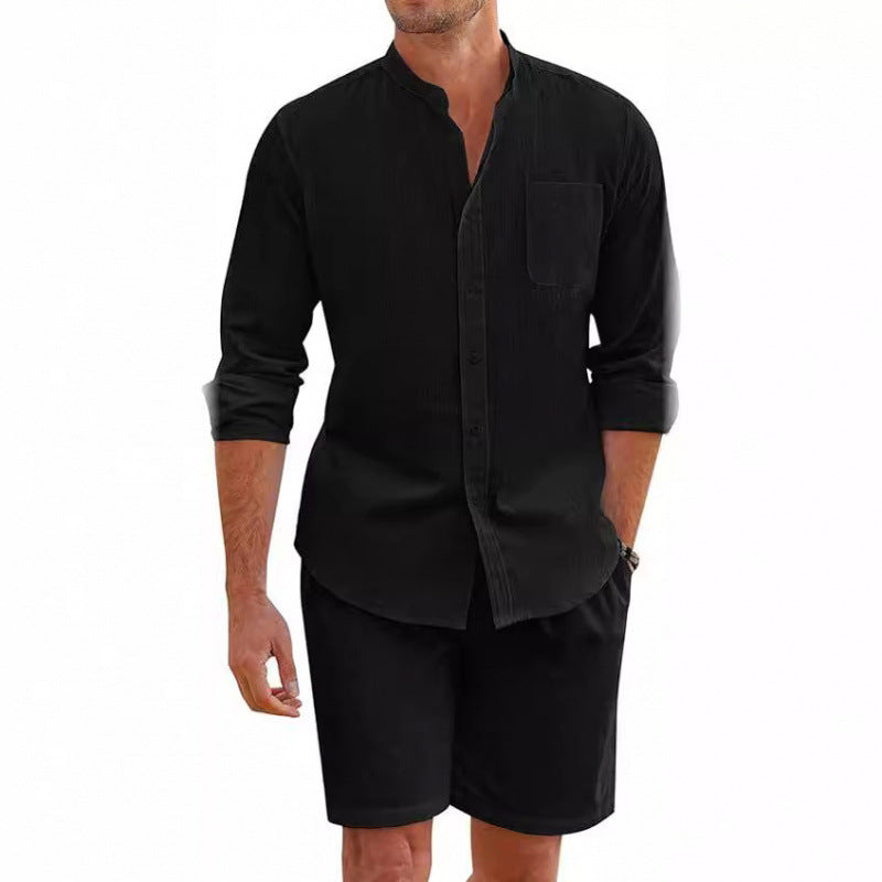 Men's short sleeve button-up shirt and elastic waist shorts, a complete casual summer outfit set.