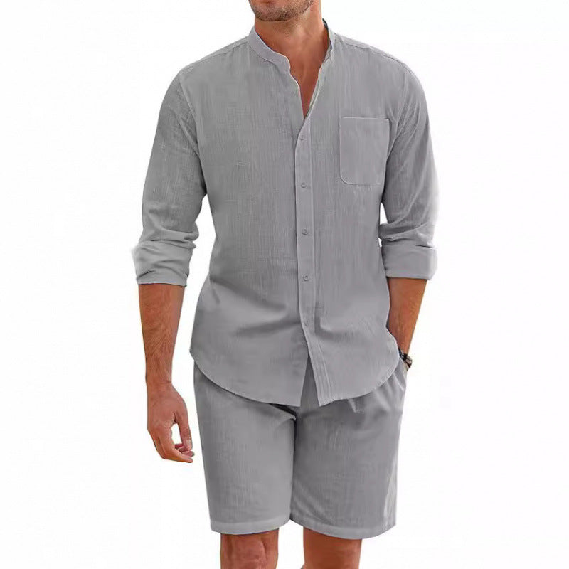 Men's relaxed fit summer two-piece outfit with a short sleeve shirt & matching shorts for casual wear.