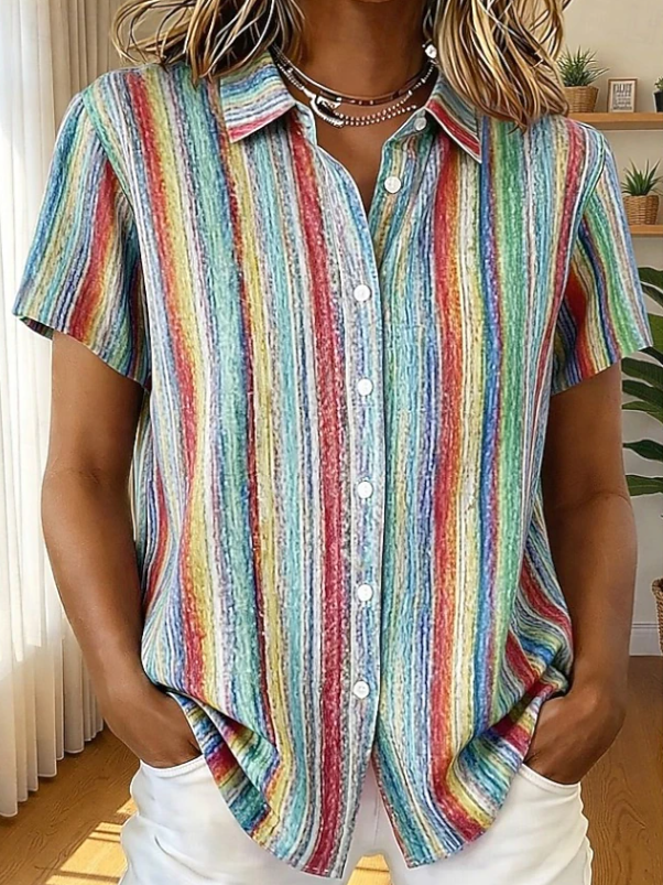 Comfortable men's multicolour boho striped short sleeve shirt. Trendy casual wear for summer vacation.