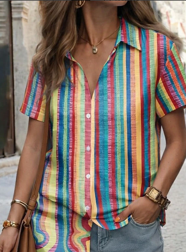 Stylish men's boho striped short sleeve shirt. Relaxed fit for casual outings, summer, or vacation.