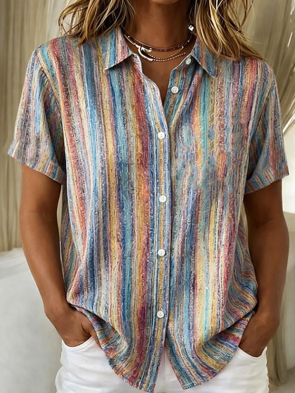 Multicolour men's boho striped shirt, short sleeve & relaxed fit. Casual summer button-down for vacation.