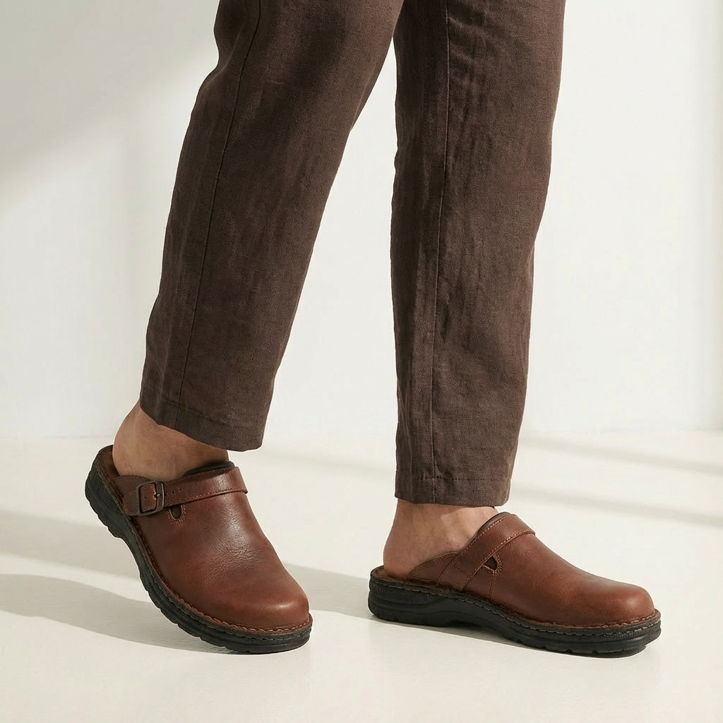 Men's casual brown leather clog mules with buckle strap slip-on design
