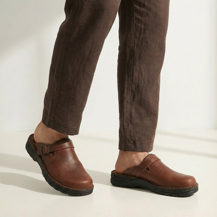 Men's casual brown leather clog mules with buckle strap slip-on design