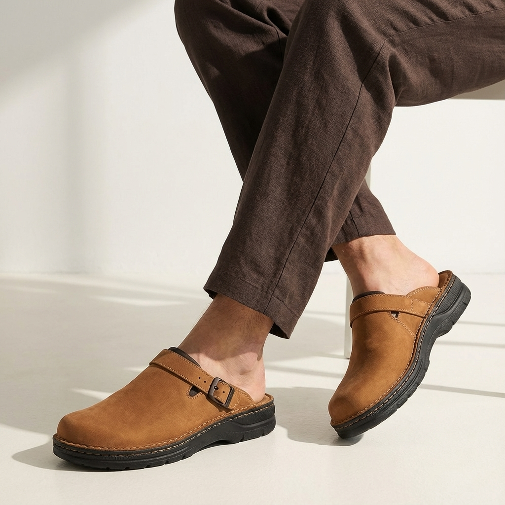 Cozy men's leather slippers designed as casual clog mules with buckle