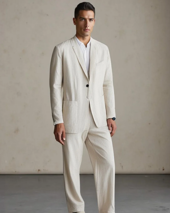 Effortless Men's Casual Button Cardigan & Trouser Set. Perfect for summer loungewear.