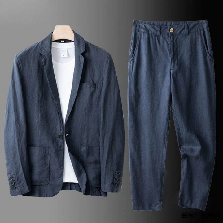 Men's Casual Summer Outfit. Button cardigan & trouser set, ideal for vacation loungewear.