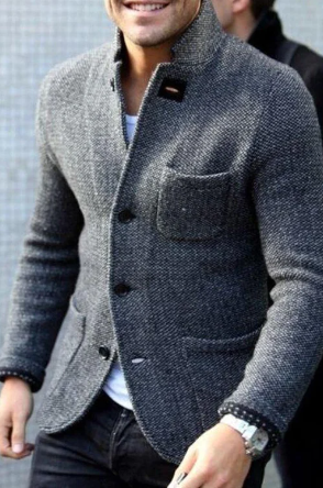 Men's casual button-down jacket with stand collar and tailored fit, perfect for stylish outerwear.