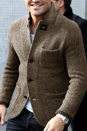 Tailored fit casual jacket for men, offering a smart button-down style with a stand-up collar.