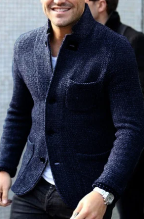 Stylish men's fashion outerwear: a button-down casual jacket with a sharp stand collar and tailored fit.