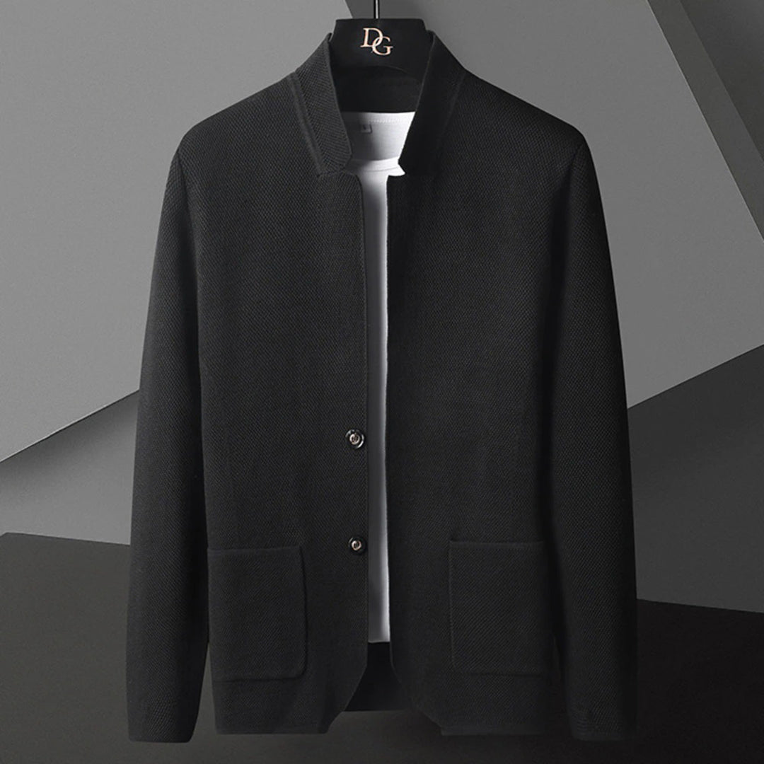 Fashionable men's button-down jacket showcasing a modern mandarin collar design.