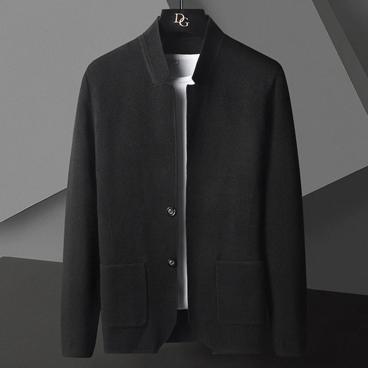 Fashionable men's button-down jacket showcasing a modern mandarin collar design.