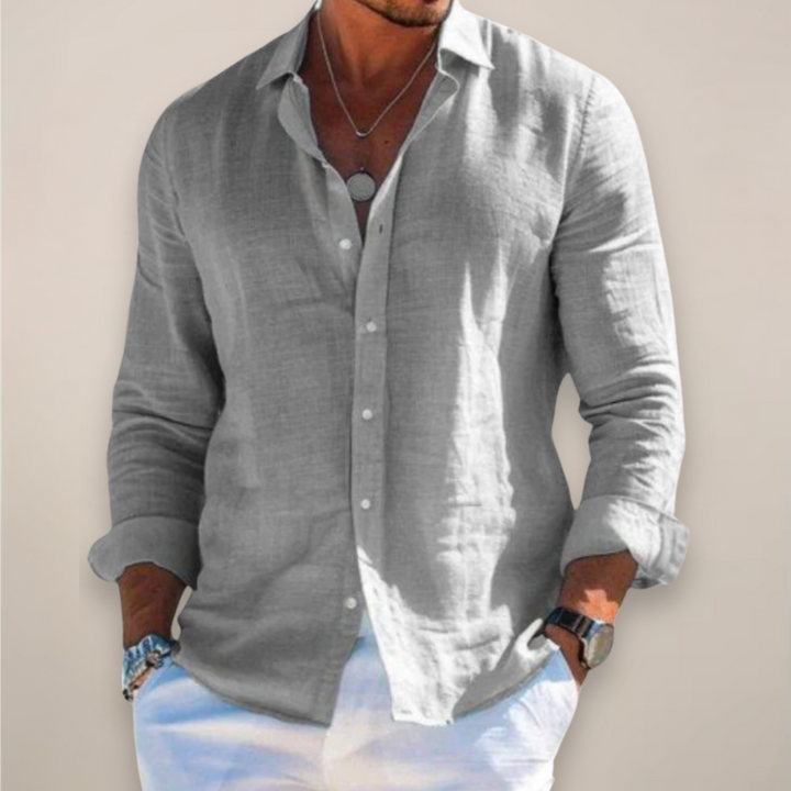 Men's casual button-down shirt for summer. Lightweight, elegant menswear, perfect for warm weather holidays.