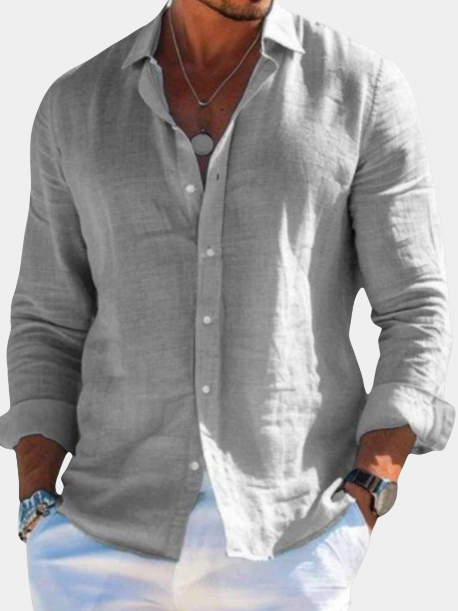 Men's lightweight casual button-down shirt for summer. Perfect elegant holiday menswear topwear.