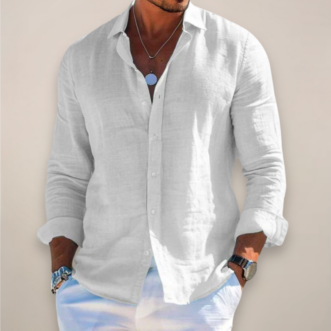 Lightweight men's casual button-down shirt in breathable fabric, ideal for summer elegance & holiday wear.
