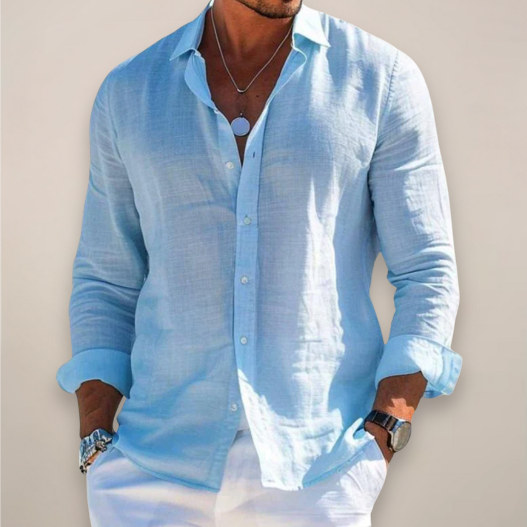 Stylish men's button-down shirt, perfect for casual summer outings, warm weather events, or holiday menswear.