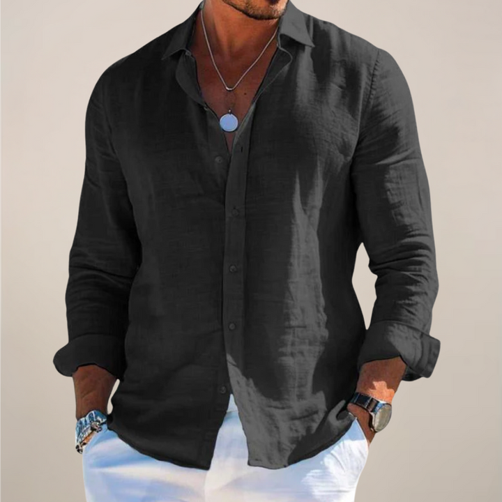 Comfortable, lightweight men's casual button-down shirt for cool summer elegance. Ideal holiday topwear.