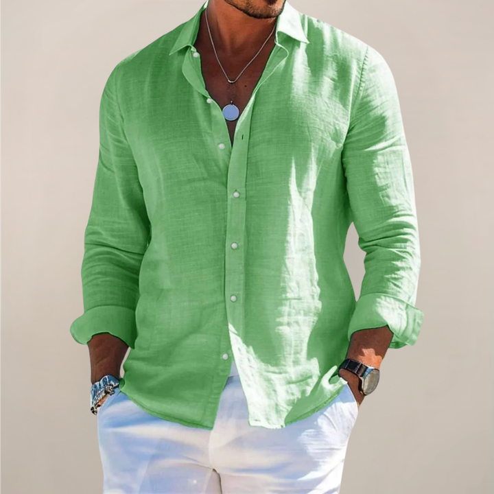 Button-down casual shirt for men, lightweight and breathable for summer elegance and warm weather holidays.