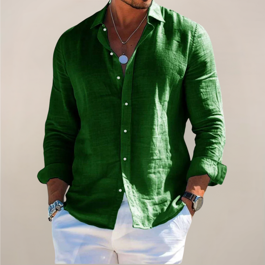 White men's casual button-down shirt, lightweight & elegant for summer. Perfect holiday menswear topwear.