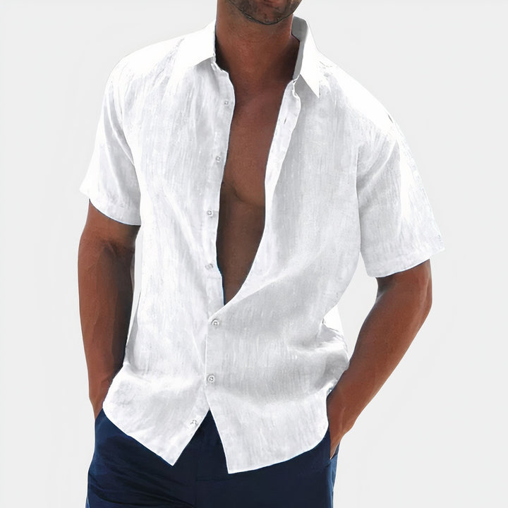 Comfortable men's summer casual button-down shirt, perfect for vacation and warm weather fashion.