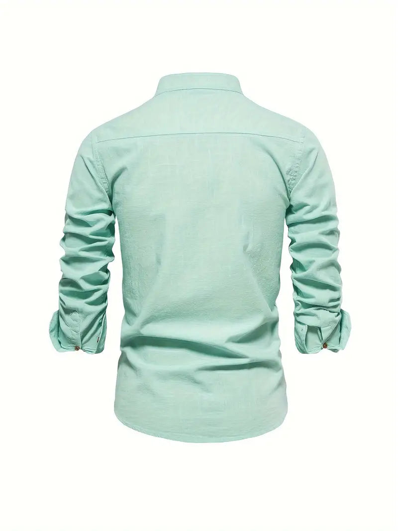 Effortless men's spring button-up shirt, a stylish long-sleeve top for casual or smart casual looks.
