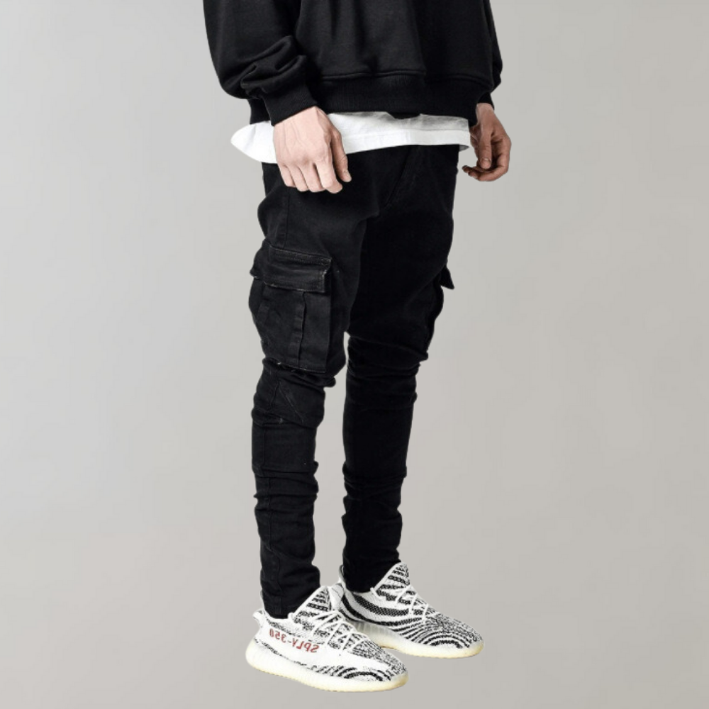 Men's casual cargo pants in a modern style, ideal for everyday wear, offering comfortable fit & multi-pocket utility.