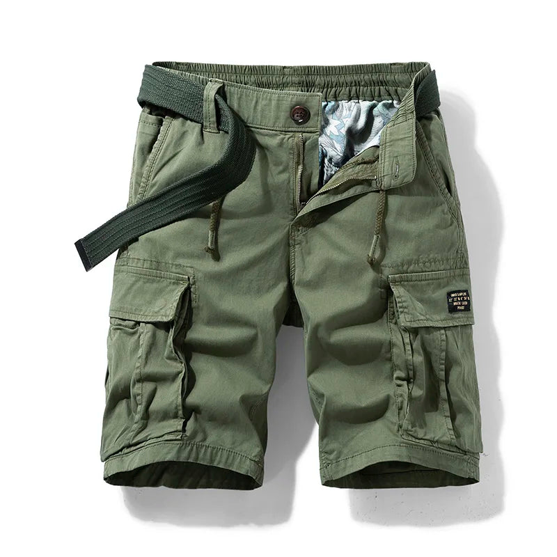Tan men's cargo shorts with drawstring waist and multiple pockets, perfect for outdoor casual wear.