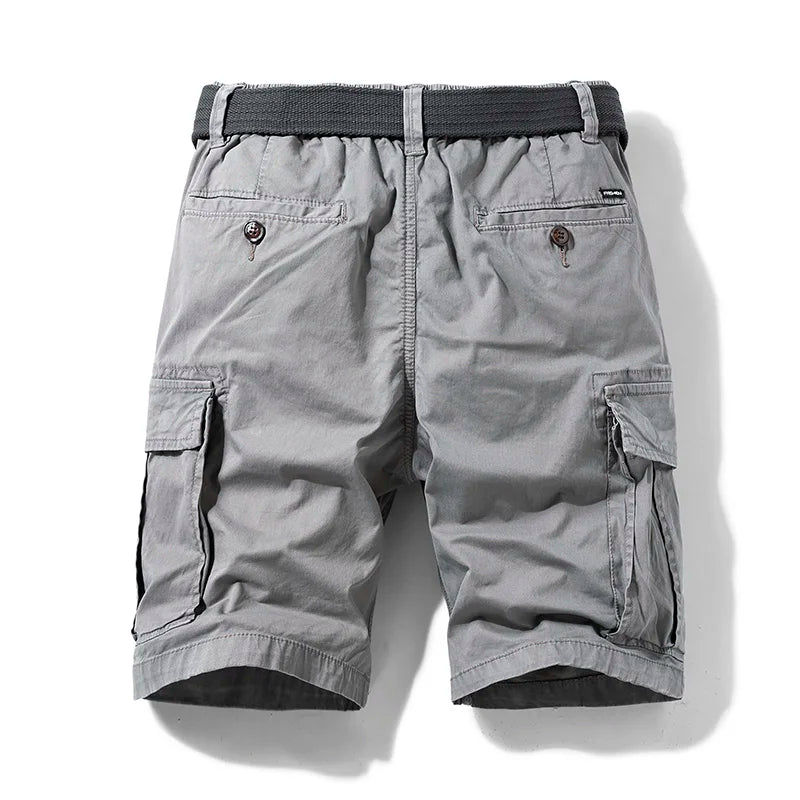 Stylish grey men's utility shorts with adjustable waist, great for summer fashion & relaxed comfort.