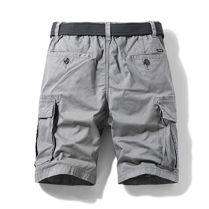 Stylish grey men's utility shorts with adjustable waist, great for summer fashion & relaxed comfort.
