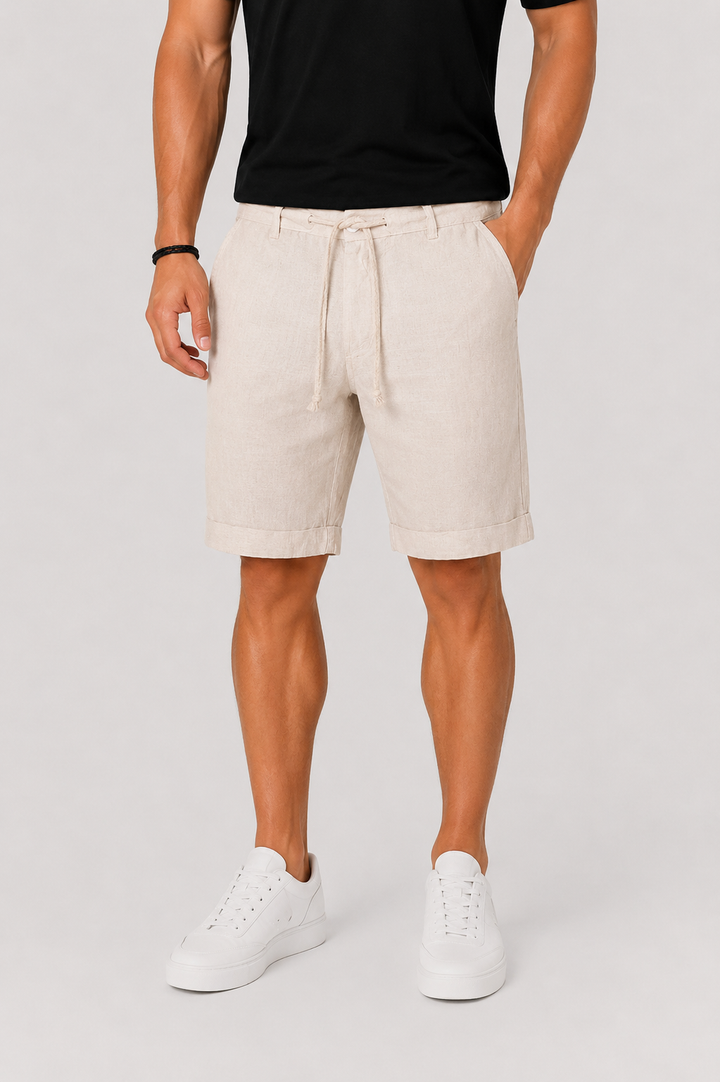 Men's casual chino shorts with rolled cuffs & drawstring waist. Comfortable, perfect for summer style & warm weather.