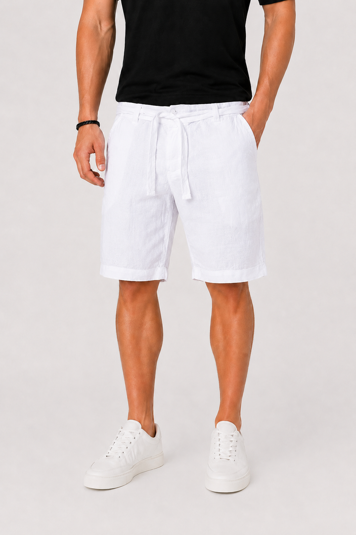 Comfortable men's drawstring chino shorts with stylish rolled cuffs. Great for everyday casual wear in warm weather.