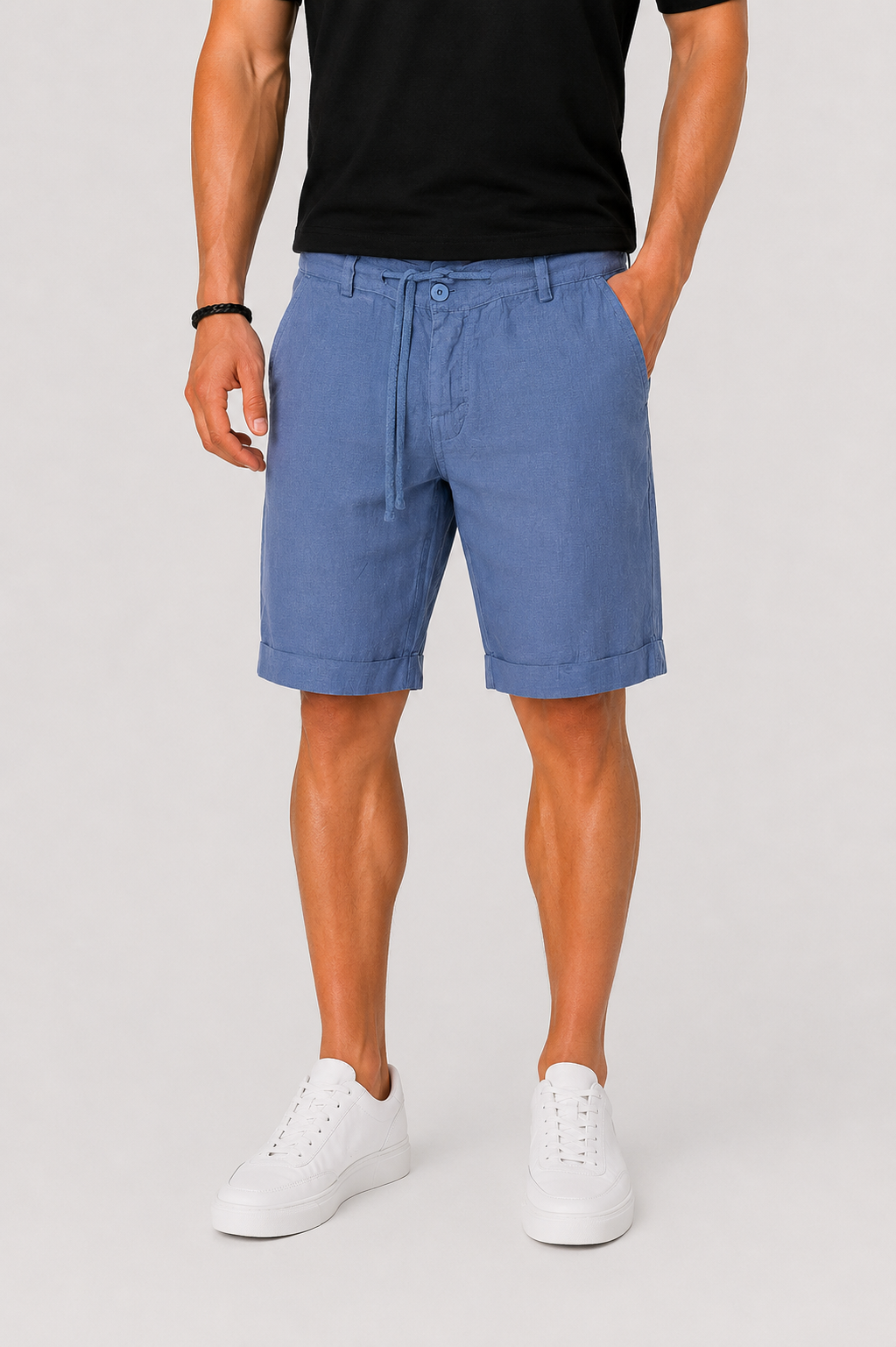 Stylish men's chino shorts, designed for summer comfort. Features a convenient drawstring waist & trendy rolled cuffs.