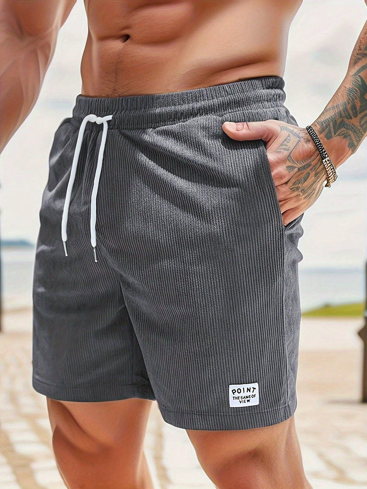 Navy men's ribbed shorts with drawstring. Essential casual summer wear for comfort and everyday style.